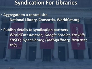 Syndication 
For 
Libraries 
• Aggregate 
to 
a 
central 
site 
- National 
Library, 
Consortia, 
WorldCat.org 
• Publish 
details 
to 
syndication 
partners 
- WorldCat: 
Amazon, 
Google 
Scholar, 
EasyBib, 
EBSCO, 
OpenLibrary, 
FindMyLibrary, 
RedLaser, 
Yelp, 
… 
 