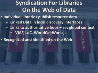 Syndication 
For 
Libraries 
• Individual 
On 
the 
Web 
of 
Data 
libraries 
publish 
resource 
data 
- Linked 
Data 
in 
local 
discovery 
interfaces 
- Links 
to 
authoritative 
hubs 
– 
set 
global 
context 
• VIAF, 
LoC, 
WorldCat 
Works, 
… 
• Recognized 
and 
identified 
on 
the 
Web 
 
