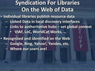 Syndication 
For 
Libraries 
• Individual 
On 
the 
Web 
of 
Data 
libraries 
publish 
resource 
data 
- Linked 
Data 
in 
local 
discovery 
interfaces 
- Links 
to 
authoritative 
hubs 
– 
set 
global 
context 
• VIAF, 
LoC, 
WorldCat 
Works, 
… 
• Recognized 
and 
identified 
on 
the 
Web 
- Google, 
Bing, 
Yahoo!, 
Yandex, 
etc. 
- Where 
our 
users 
are! 
 