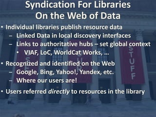 Syndication 
For 
Libraries 
• Individual 
On 
the 
Web 
of 
Data 
libraries 
publish 
resource 
data 
- Linked 
Data 
in 
local 
discovery 
interfaces 
- Links 
to 
authoritative 
hubs 
– 
set 
global 
context 
• VIAF, 
LoC, 
WorldCat 
Works, 
… 
• Recognized 
and 
identified 
on 
the 
Web 
- Google, 
Bing, 
Yahoo!, 
Yandex, 
etc. 
- Where 
our 
users 
are! 
• Users 
referred 
directly 
to 
resources 
in 
the 
library 
 