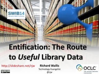 Entification: 
The 
Route 
to 
Useful 
Library 
Data 
Richard 
Wallis 
Technology 
Evangelist 
@rjw 
http://slideshare.net/rjw 
