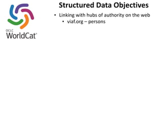 Structured 
Data 
Objectives 
• Linking 
with 
hubs 
of 
authority 
on 
the 
web 
• viaf.org 
– 
persons 
 