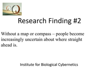Research Finding #2
Institute for Biological Cybernetics
Without a map or compass – people become
increasingly uncertain about where straight
ahead is.
 