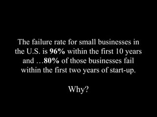 The failure rate for small businesses in
the U.S. is 96% within the first 10 years
and …80% of those businesses fail
within the first two years of start-up.
Why?
 