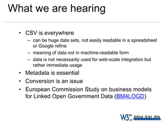What we are hearing
• CSV is everywhere
– can be huge data sets, not easily readable in a spreadsheet
or Google refine
– meaning of data not in machine-readable form
– data is not necessarily used for web-scale integration but
rather immediate usage

• Metadata is essential
• Conversion is an issue
• European Commission Study on business models
for Linked Open Government Data (BM4LOGD)

 