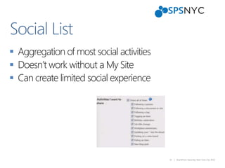 33 | SharePoint Saturday New York City 2013
 Aggregation of most social activities
 Doesn’t work without a My Site
 Can create limited social experience
Social List
 