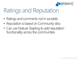 38 | SharePoint Saturday New York City 2013
 Ratings and comments not in socialdb
 Reputation is based on Community silos
 Can use Feature Stapling to add reputation
functionality across the communities
Ratings and Reputation
 