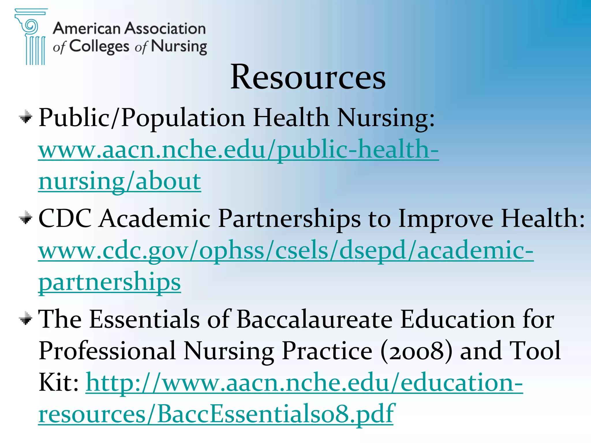 Resources
Public/Population Health Nursing:
www.aacn.nche.edu/public-health-
nursing/about
CDC Academic Partnerships to Improve Health:
www.cdc.gov/ophss/csels/dsepd/academic-
partnerships
The Essentials of Baccalaureate Education for
Professional Nursing Practice (2008) and Tool
Kit: http://www.aacn.nche.edu/education-
resources/BaccEssentials08.pdf
 