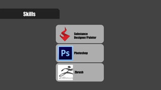 Skills
Substance
Designer/Painter
Photoshop
Zbrush
 