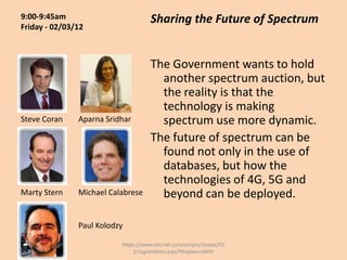 9:00-9:45am                          Sharing the Future of Spectrum
Friday - 02/03/12



                                     The Government wants to hold
                                       another spectrum auction, but
                                       the reality is that the
                                       technology is making
Steve Coran    Aparna Sridhar          spectrum use more dynamic.
                                     The future of spectrum can be
                                       found not only in the use of
                                       databases, but how the
                                       technologies of 4G, 5G and
Marty Stern    Michael Calabrese       beyond can be deployed.

               Paul Kolodzy

                          https://www.tmcnet.com/scripts/itexpo/fl1
                              2/registration.aspx?theplan=sWiFI
 