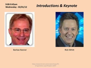 9:00-9:45am
Wednesday - 02/01/12         Introductions & Keynote




       Barlow Keener                                               Rick Whitt




                       https://www.tmcnet.com/scripts/itexpo/fl1
                           2/registration.aspx?theplan=sWiFI
 
