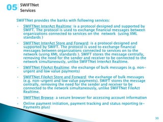 05
 SWIFTNet provides the banks with following services:
 •   SWIFTNet InterAct Realtime: is a protocol designed and supported by
     SWIFT. The protocol is used to exchange financial messages between
     organizations connected to services on the network (using XML
     standards )
 •   SWIFTNet InterAct Store and Forward: is a protocol designed and
     supported by SWIFT. The protocol is used to exchange financial
     messages between organizations connected to services on to the
     network (using XML standards ). SWIFT stores the message centrally,
     removing the need for the sender and receiver to be connected to the
     network simultaneously, unlike SWIFTNet InterAct Realtime.
 •   SWIFTNet FileAct Realtime: the exchange of bulk messages (e.g. non-
     urgent and low value payments)
 •   SWIFTNet FileAct Store and Forward: the exchange of bulk messages
     (e.g. non-urgent and low value payments). SWIFT stores the message
     centrally, removing the need for the sender and receiver to be
     connected to the network simultaneously, unlike SWIFTNet FileAct
     Realtime.
 •   SWIFTNet Browse: a secure browser for accessing account information
 •   Online payment initiation, payment tracking and status reporting (e-
     Payments plus)

                                                                            30
 