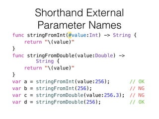 Shorthand External
Parameter Names
func stringFromInt(#value:Int) -> String {
return "(value)"
}
func stringFromDouble(value:Double) ->  
String {
return "(value)"
}
var a = stringFromInt(value:256); // OK
var b = stringFromInt(256); // NG
var c = stringFromDouble(value:256.3); // NG
var d = stringFromDouble(256); // OK
 