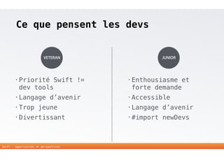 Ce que pensent les devs 
! 
! 
VETERAN JUNIOR 
! 
• Priorité Swift != 
dev tools 
• Langage d’avenir 
• Trop jeune 
• Divertissant 
25 
Swift - opportunités et perspectives 
! 
! 
! 
• Enthousiasme et 
forte demande 
• Accessible 
• Langage d’avenir 
• #import newDevs 
 