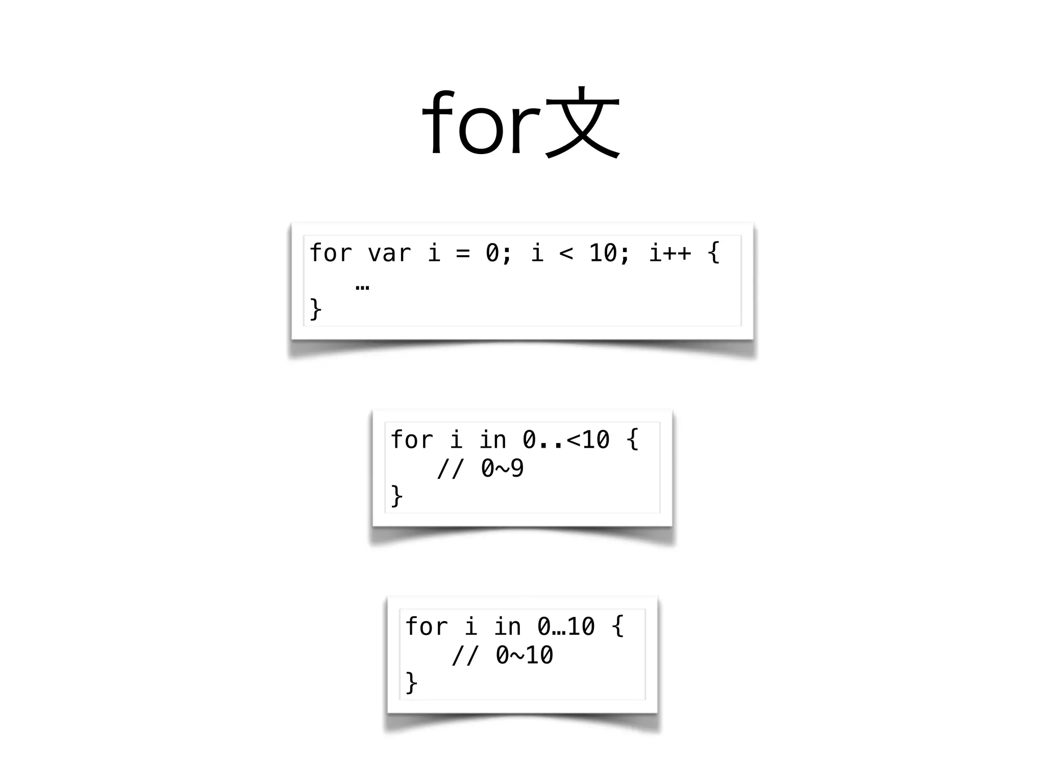for文
for var i = 0; i < 10; i++ {
… 
}
for i in 0..<10 {
// 0~9
}
for i in 0…10 {
// 0~10
}
 