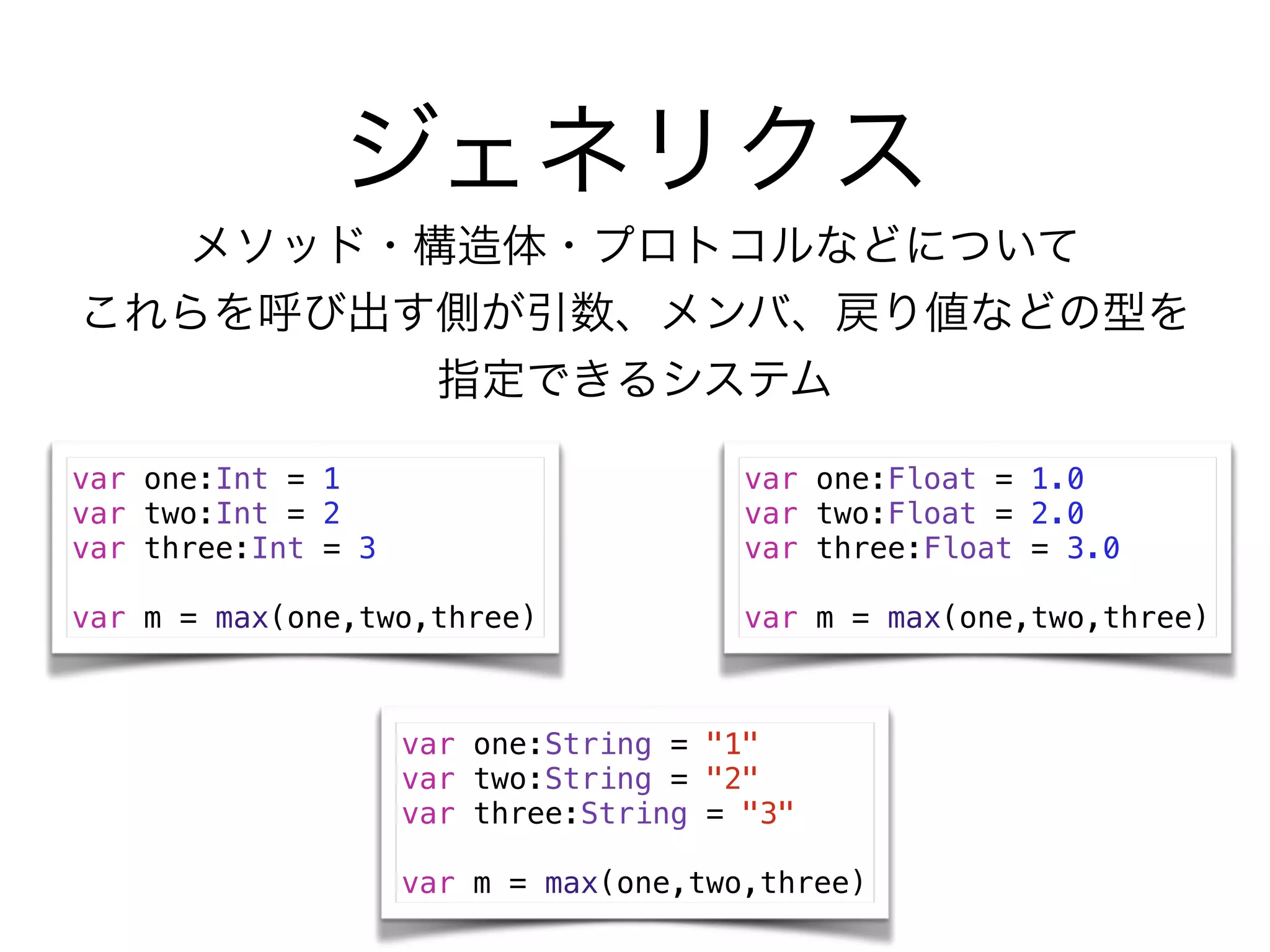 ジェネリクス
メソッド・構造体・プロトコルなどについて
これらを呼び出す側が引数、メンバ、戻り値などの型を
指定できるシステム
var one:Int = 1
var two:Int = 2
var three:Int = 3
!
var m = max(one,two,three)
var one:Float = 1.0
var two:Float = 2.0
var three:Float = 3.0
!
var m = max(one,two,three)
var one:String = "1"
var two:String = "2"
var three:String = "3"
!
var m = max(one,two,three)
 