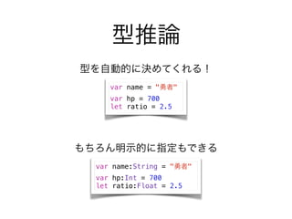 Փ
var name = ""
var hp = 700
let ratio = 2.5
ͤԄӵĤ˛QƤ룡
var name:String = ""
var hp:Int = 700
let ratio:Float = 2.5
ʾĤָǤ
 