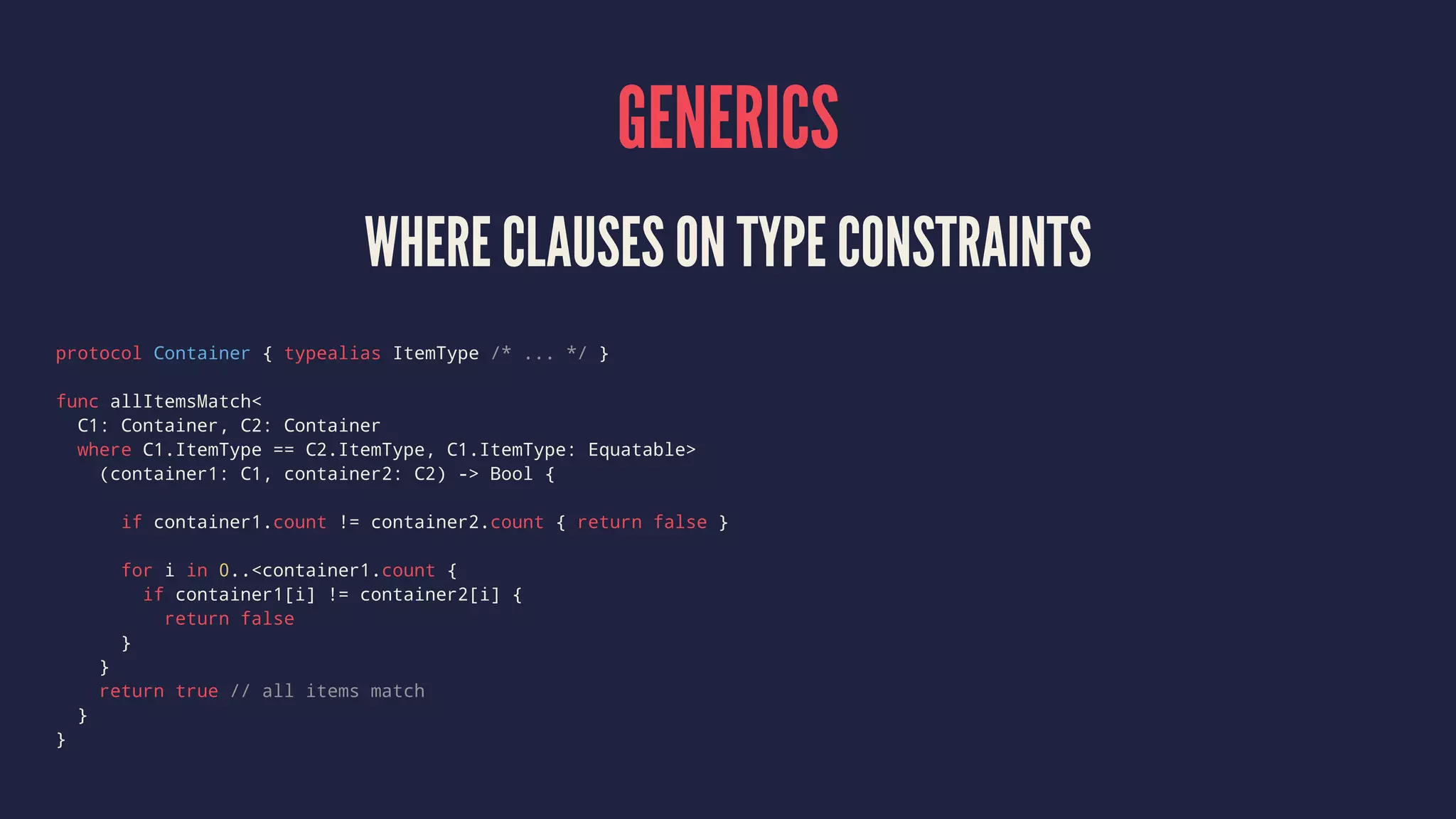 EXTENSIONS
EXTENSIONS CAN EXTEND ALSO SWIFT LIBRARY TYPES
extension Int {
func times(task: () -> ()) {
for i in 0 ..< self {
task()
}
}
}
3.times({ println("Developer! ") })
// Developer! Developer! Developer! !
 