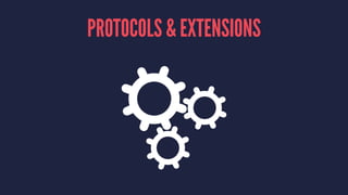 ENUMERATIONS, STRUCTURES & CLASSES
public class Vehicle {
// stored instance property
private let name: String
// computed instance property
public var formattedName: String { return "vehicle: (name)" }
// type property
class var maxSpeed : Int { return 299_792_458 }
// initializer
init (name: String) { self.name = name }
// instance method
internal func move() { /* ... */ }
}
 