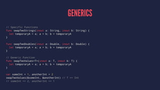 EXTENSIONS
// Available for Enumerations, Structures & Classes
extension SomeType: SomeProtocol { // add protocol conformance
var stored = 1 // ❌ ERROR !!! // CANNOT add store properties !
var computed: String { /* ... */ } // add computed properties
func method() { /* ... */ } // add methods
subscript(i: Int) -> String { /* ... */ } // add subscripts
init(parameter: Type) { /* ... */ } // add initializers
enum SomeEnum { /* ... */ } // add nested types
}
 