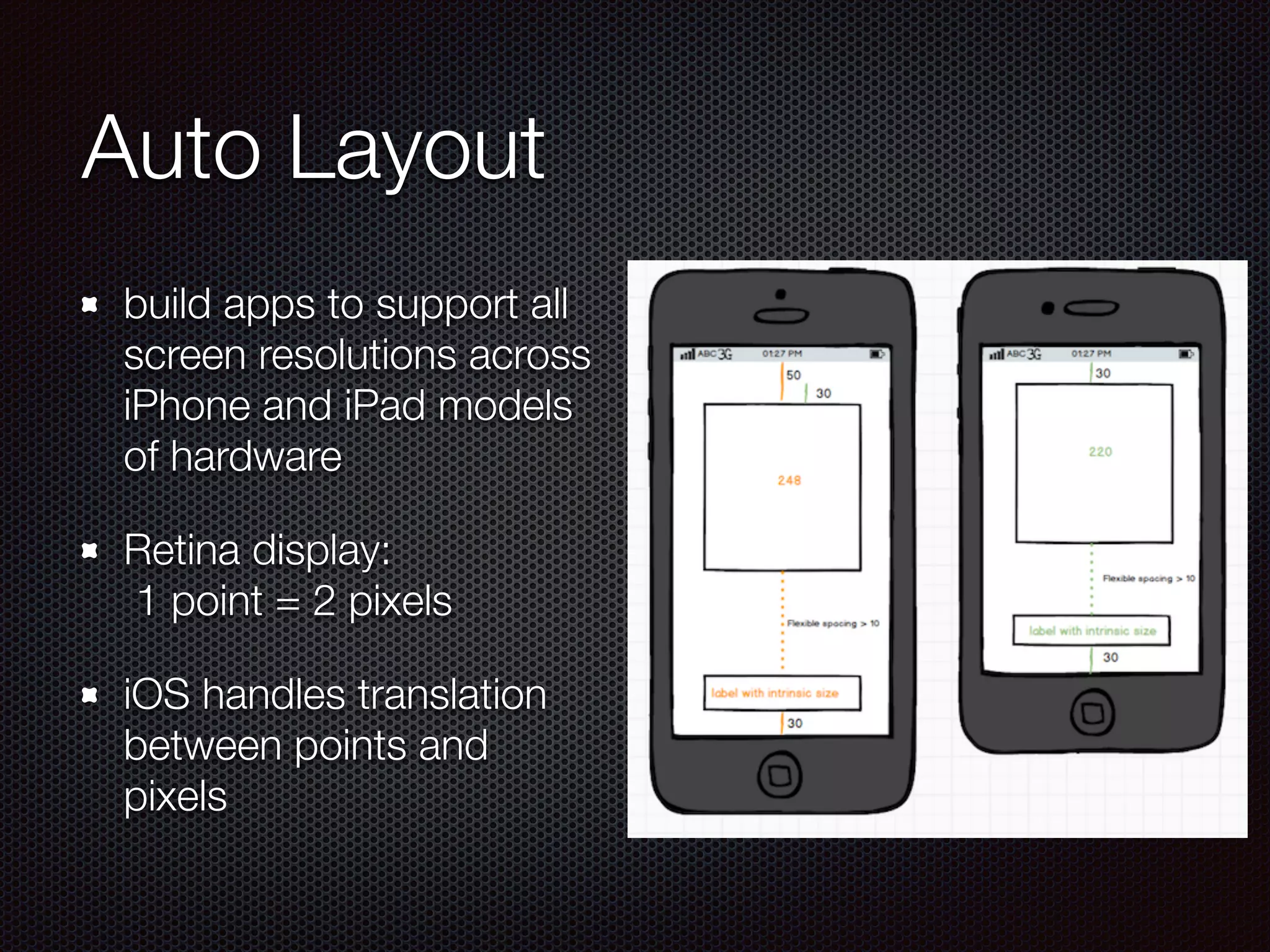 Auto Layout
build apps to support all
screen resolutions across
iPhone and iPad models
of hardware
Retina display: 
1 point = 2 pixels
iOS handles translation
between points and
pixels
 