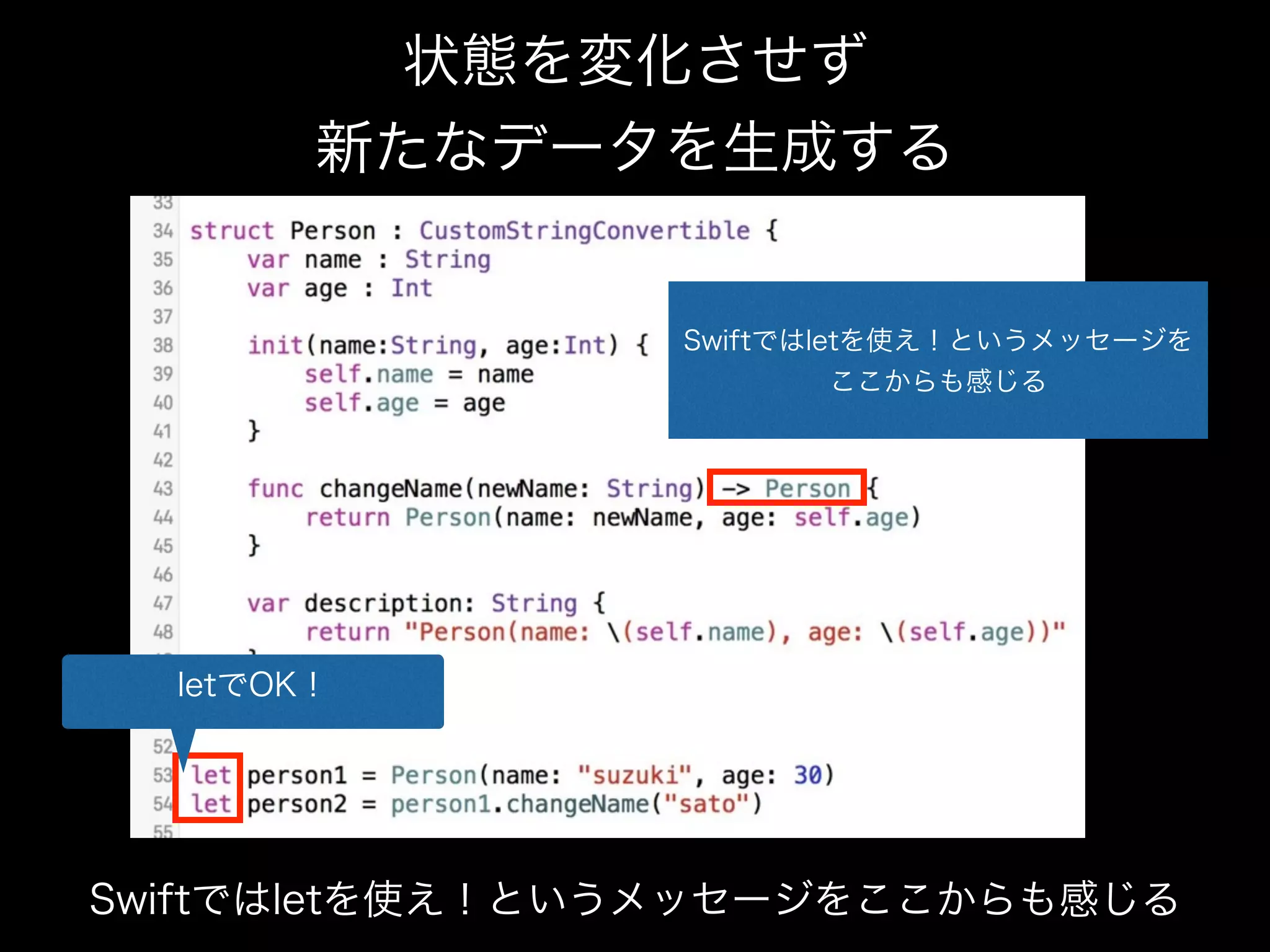 状態を変化させず
新たなデータを生成する
Swiftではletを使え！というメッセージを
ここからも感じる
letでOK！
Swiftではletを使え！というメッセージをここからも感じる
 
