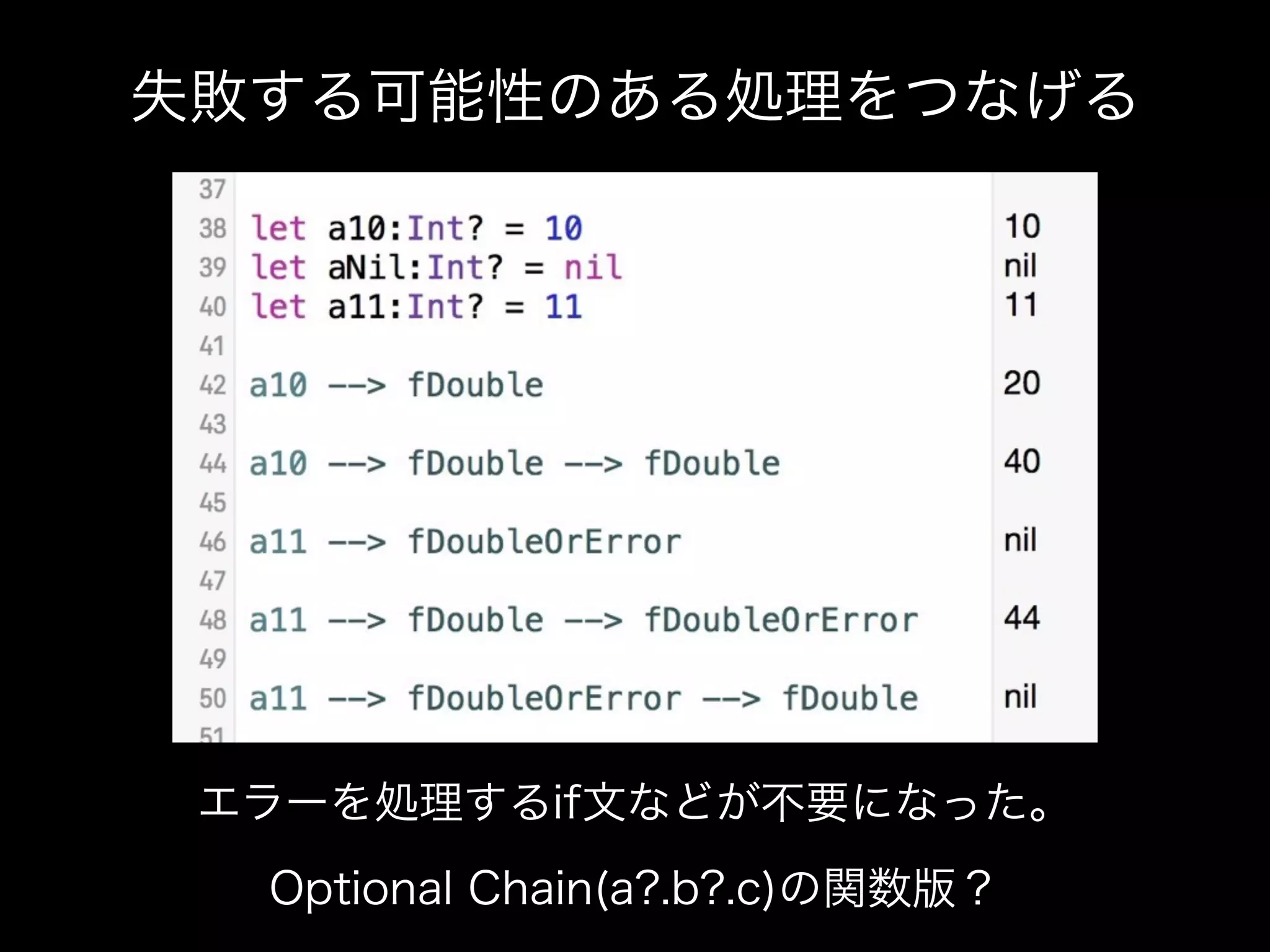 失敗する可能性のある処理をつなげる
Optional Chain(a?.b?.c)の関数版？
エラーを処理するif文などが不要になった。
 
