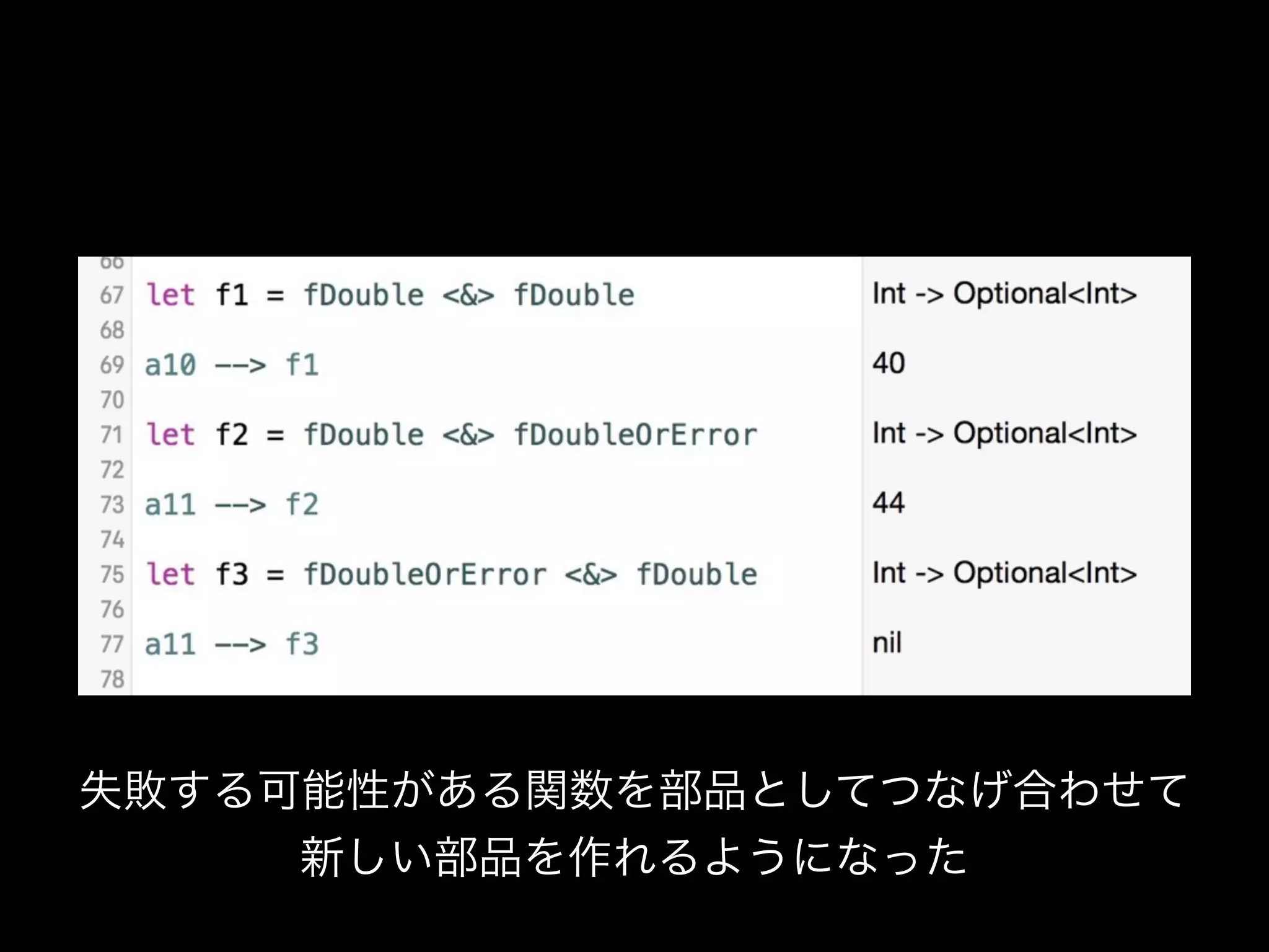 失敗する可能性がある関数を部品としてつなげ合わせて
新しい部品を作れるようになった
 