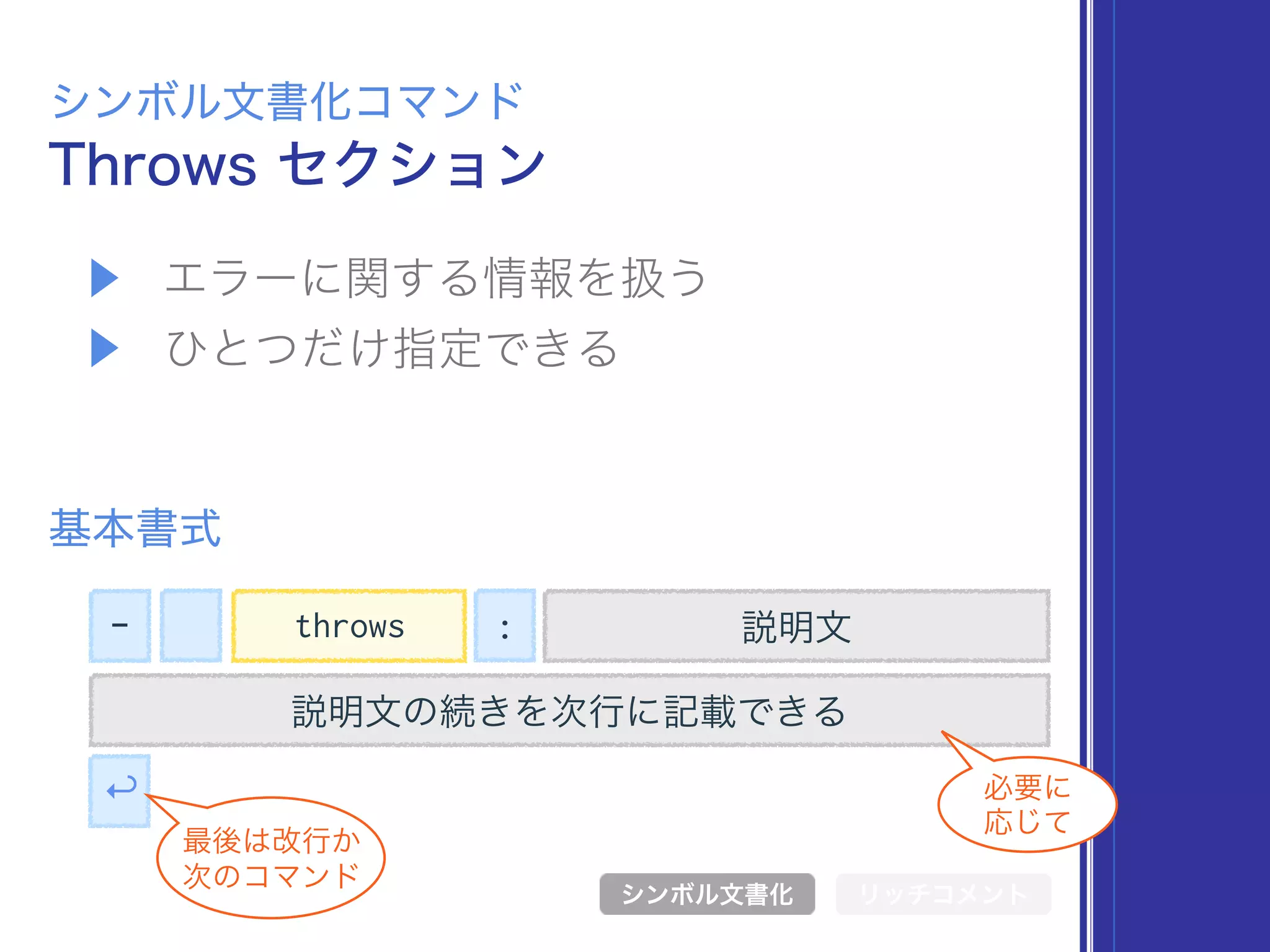 ▶ エラーに関する情報を扱う
▶ ひとつだけ指定できる
Throws セクション
シンボル文書化コマンド
基本書式
シンボル文書化 リッチコメント
- 説明文
説明文の続きを次行に記載できる
↩
最後は改行か 
次のコマンド
必要に 
応じて
throws :
 