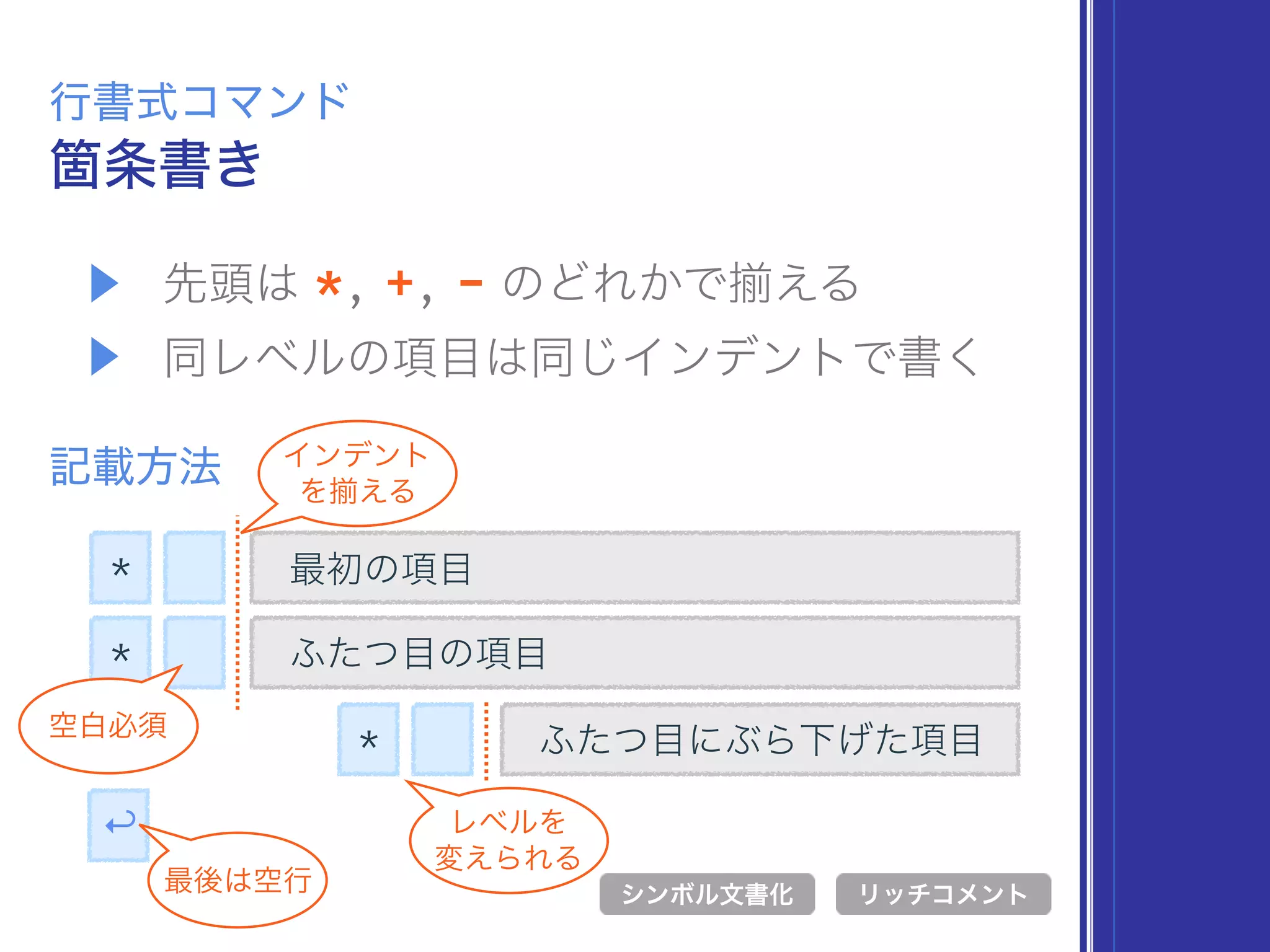 ▶ 先頭は *, +, - のどれかで える
▶ 同レベルの項目は同じインデントで書く
箇条書き
行書式コマンド
記載方法
* 最初の項目
シンボル文書化 リッチコメント
* ふたつ目の項目
↩
最後は空行
空白必須
インデント
を える
ふたつ目にぶら下げた項目*
レベルを 
変えられる
 