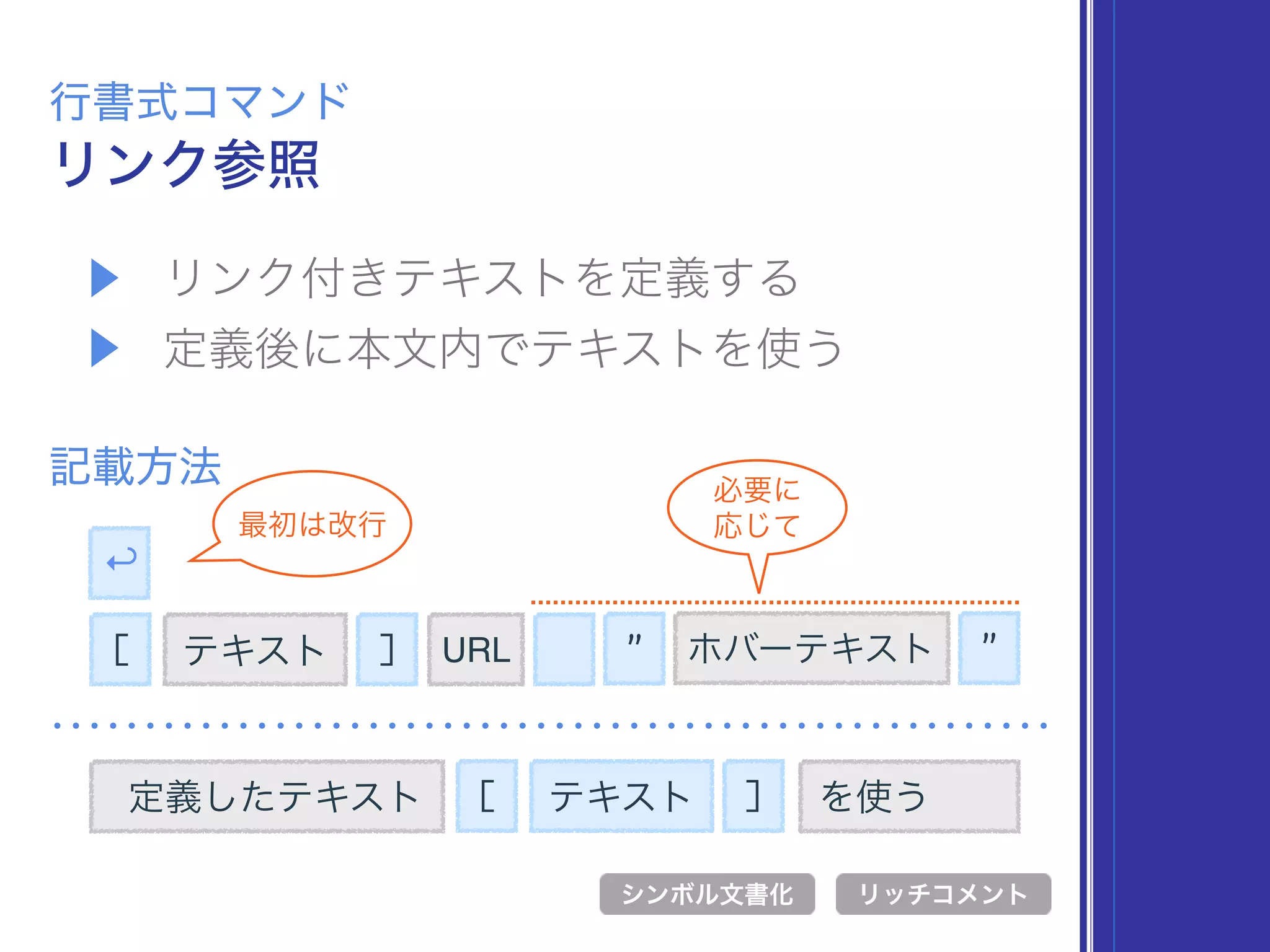 ▶ リンク付きテキストを定義する
▶ 定義後に本文内でテキストを使う
リンク参照
行書式コマンド
記載方法
[ テキスト
シンボル文書化 リッチコメント
定義したテキスト
↩
必要に 
応じて最初は改行
] URL " "ホバーテキスト
[ テキスト ] を使う
 