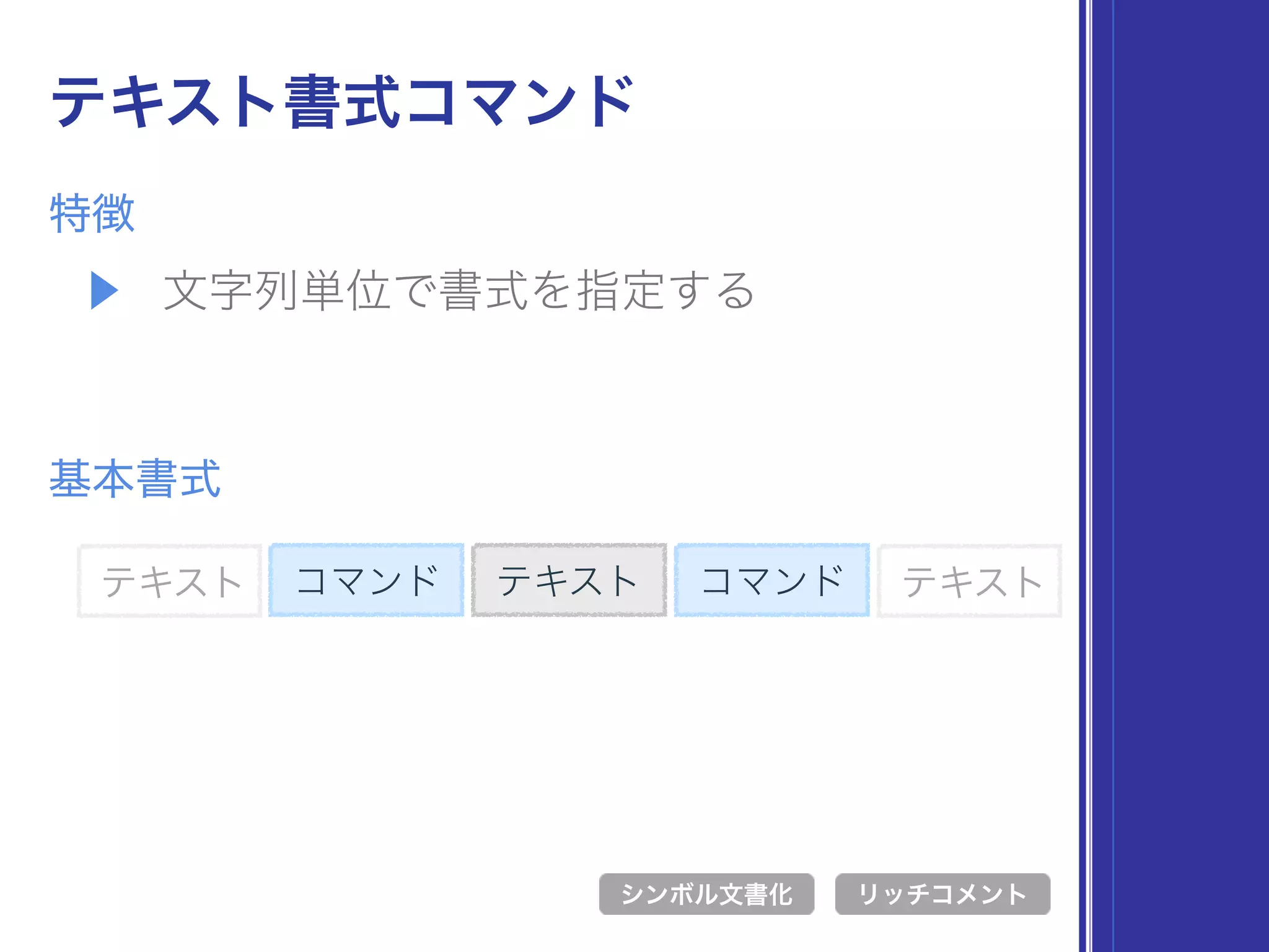 ▶ 文字列単位で書式を指定する
特徴
テキスト書式コマンド
基本書式
コマンド テキスト
シンボル文書化 リッチコメント
コマンドテキスト テキスト
 