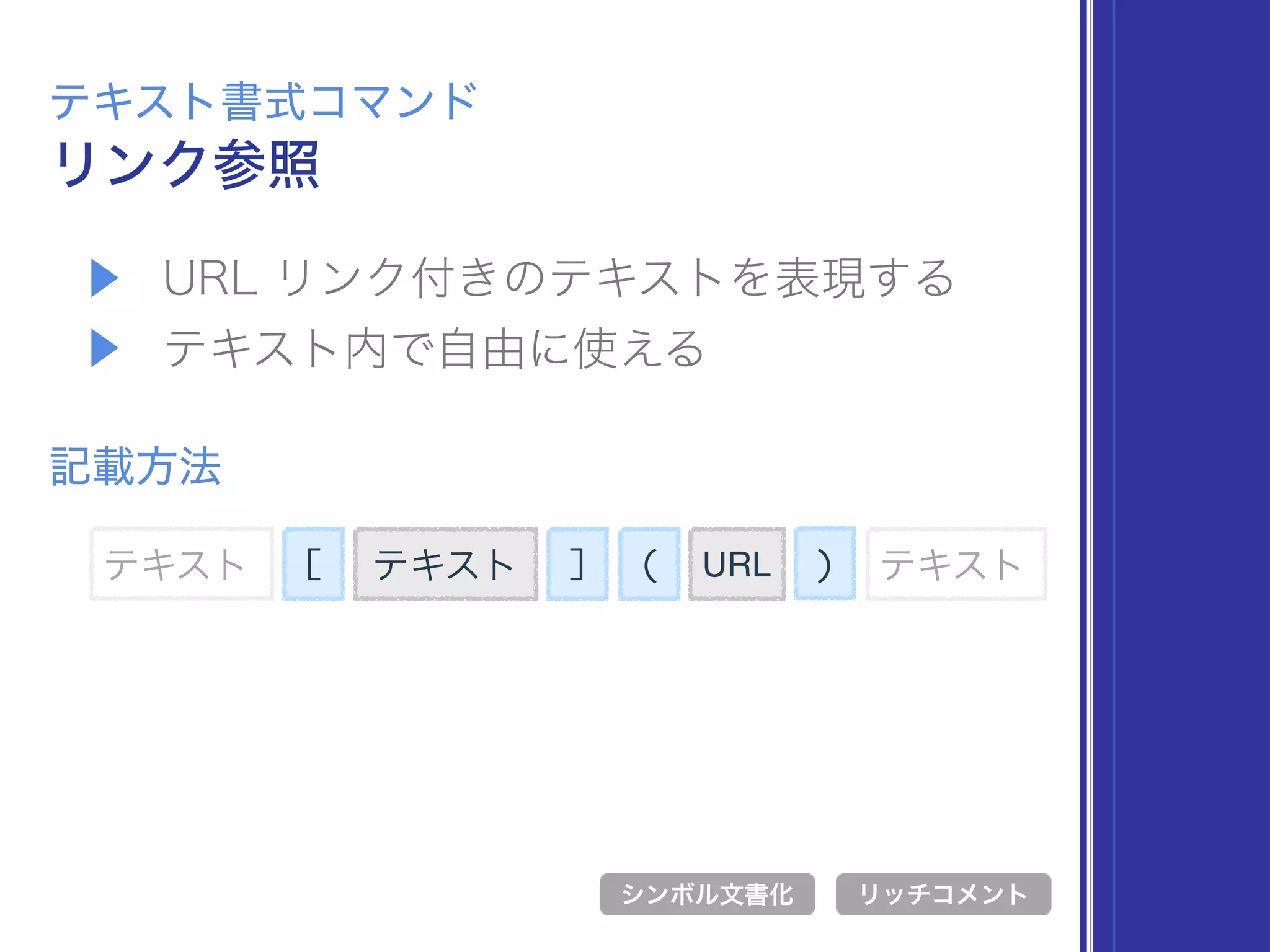 テキスト
▶ URL リンク付きのテキストを表現する
▶ テキスト内で自由に使える
リンク参照
テキスト書式コマンド
記載方法
[ テキスト
シンボル文書化 リッチコメント
] URL( ) テキスト
 