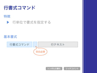▶ 行単位で書式を指定する
特徴
行書式コマンド
基本書式
行書式コマンド 行テキスト
シンボル文書化 リッチコメント
空白必須
 