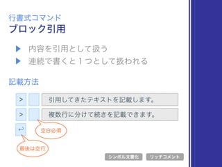 ▶ 内容を引用として扱う
▶ 連続で書くと１つとして扱われる
ブロック引用
行書式コマンド
記載方法
> 引用してきたテキストを記載します。
シンボル文書化 リッチコメント
> 複数行に分けて続きを記載できます。
空白必須↩
最後は空行
 