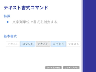 ▶ 文字列単位で書式を指定する
特徴
テキスト書式コマンド
基本書式
コマンド テキスト
シンボル文書化 リッチコメント
コマンドテキスト テキスト
 