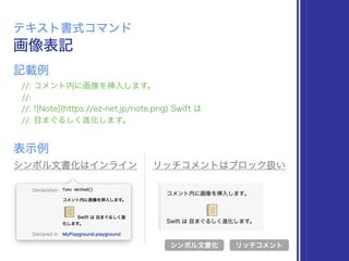画像表記
テキスト書式コマンド
//: コメント内に画像を挿入します。
//:
//: ![Note](https://ez-net.jp/note.png) Swift は
//: 目まぐるしく進化します。
表示例
リッチコメント
記載例
シンボル文書化
シンボル文書化はインライン リッチコメントはブロック扱い
 