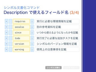 - : 実行に必要な環境情報を記載requires
Description で使えるフィールド名 (3/4)
シンボル文書化コマンド
シンボル文書化 リッチコメント
- : 別の参考資料を記載seealso
- : いつから使えるようになったかを記載since
- : 実行完了に必要な追加タスクを記載todo
- : シンボルのバージョン情報を記載version
- : 使用上の注意事項を記載warning
 