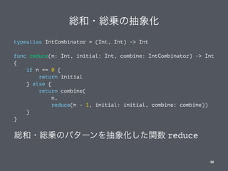 t?t\γ
typealias IntCombinator = (Int, Int) -> Int
func reduce(n: Int, initial: Int, combine: IntCombinator) -> Int
{
if n == 0 {
return initial
} else {
return combine(
n,
reduce(n - 1, initial: initial, combine: combine))
}
}
t?t\Υѥ`󻯤v reduce
16
 