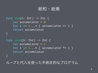 t?t\
func sum(n: Int) -> Int {
var accumulator = 0
for i in 1...n { accumulator += i }
return accumulator
}
func prod(n: Int) -> Int {
var accumulator = 1
for i in 1...n { accumulator *= i }
return accumulator
}
`פȴʹä־AĤʥץ
8
 