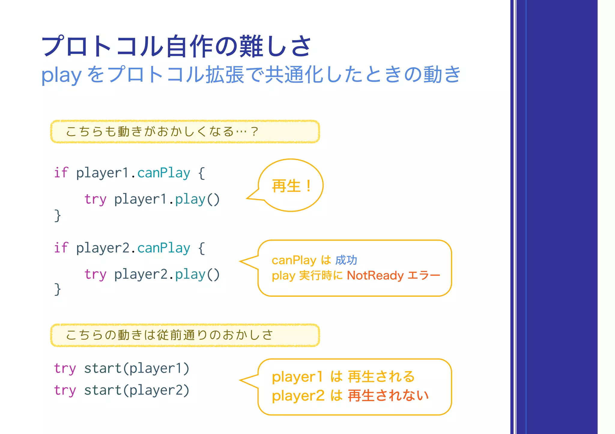 こちらも動きがおかしくなる…？
if player1.canPlay {
try player1.play()
}
if player2.canPlay {
try player2.play()
}
プロトコル自作の難しさ
play をプロトコル拡張で共通化したときの動き
再生 !
こちらの動きは従前通りのおかしさ
try start(player1)
try start(player2)
player1 は 再生される
player2 は 再生されない
canPlay は 成功
play 実行時に NotReady エラー
 
