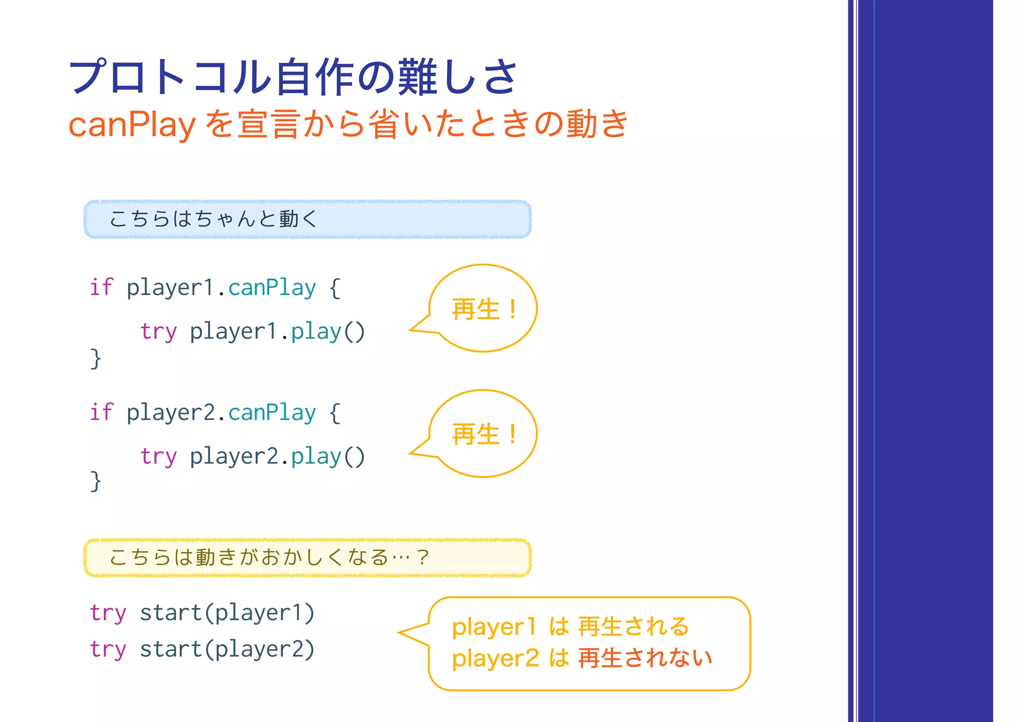if player1.canPlay {
try player1.play()
}
if player2.canPlay {
try player2.play()
}
プロトコル自作の難しさ
canPlay を宣言から省いたときの動き
再生 !
こちらは動きがおかしくなる…？
try start(player1)
try start(player2)
こちらはちゃんと動く
再生 !
player1 は 再生される
player2 は 再生されない
 