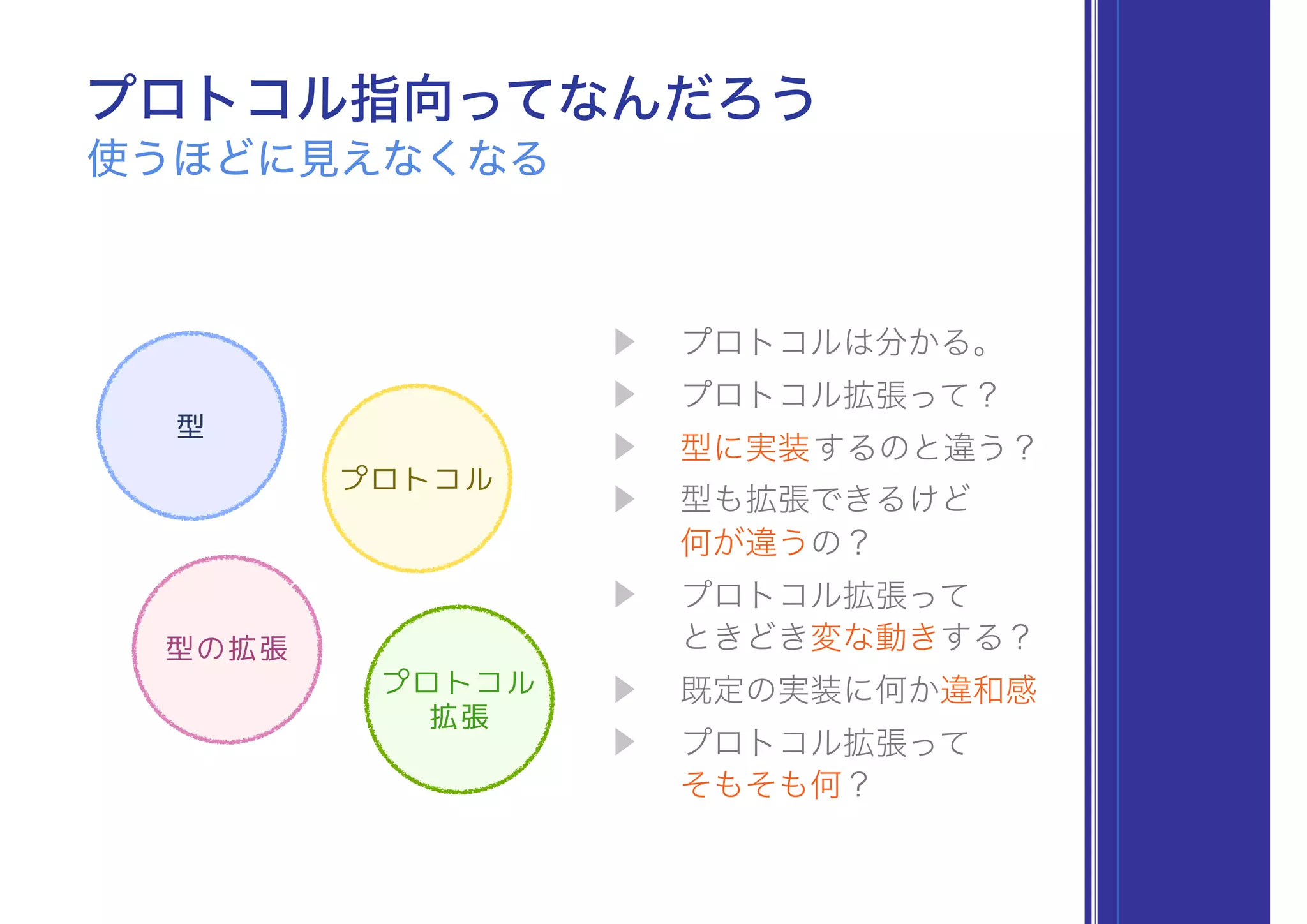 プロトコル
プロトコル
拡張
型
型の拡張
▶ プロトコルは分かる。
▶ プロトコル拡張って？
▶ 型に実装するのと違う？
▶ 型も拡張できるけど 
何が違うの？
▶ プロトコル拡張って 
ときどき変な動きする？
▶ 既定の実装に何か違和感
▶ プロトコル拡張って 
そもそも何？
プロトコル指向ってなんだろう
使うほどに見えなくなる
 