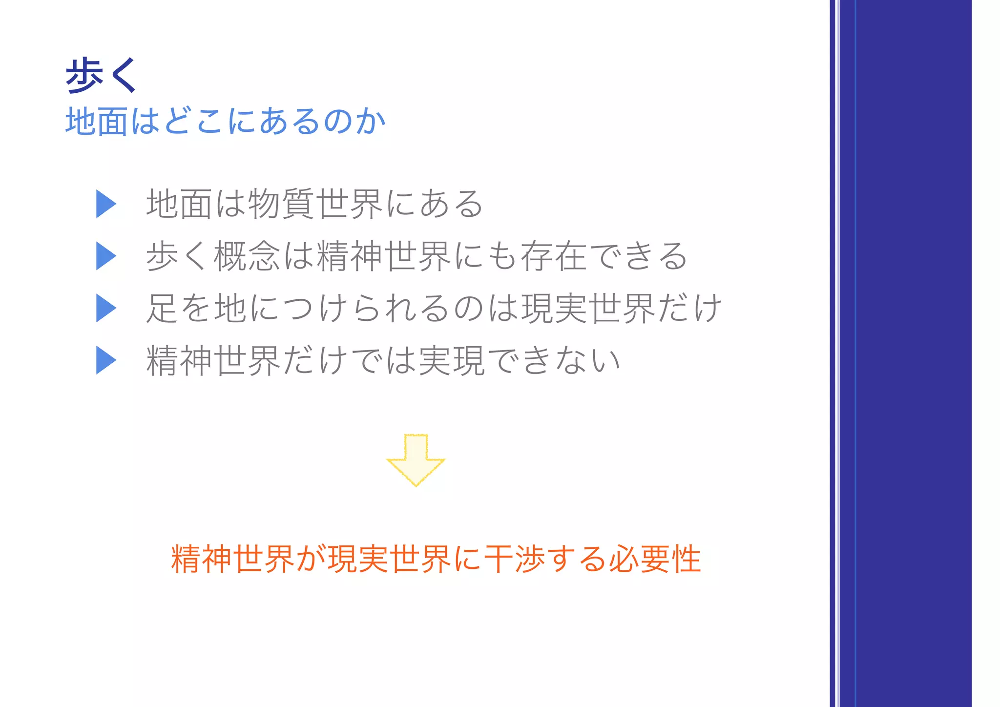 歩く
▶ 地面は物質世界にある
▶ 歩く概念は精神世界にも存在できる
▶ 足を地につけられるのは現実世界だけ
▶ 精神世界だけでは実現できない
地面はどこにあるのか
精神世界が現実世界に干渉する必要性
 