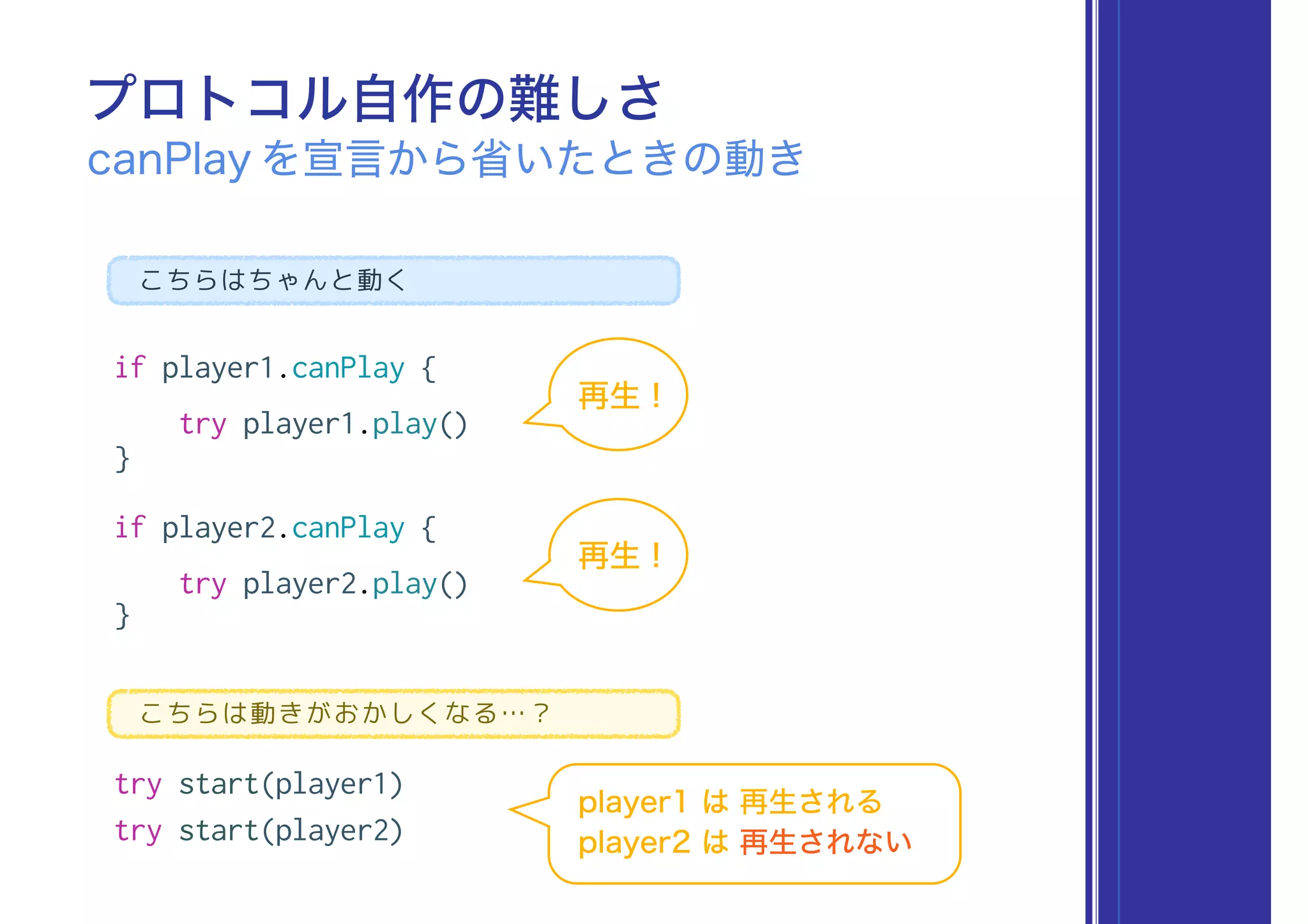 if player1.canPlay {
try player1.play()
}
if player2.canPlay {
try player2.play()
}
プロトコル自作の難しさ
canPlay を宣言から省いたときの動き
再生 !
こちらは動きがおかしくなる…？
try start(player1)
try start(player2)
こちらはちゃんと動く
再生 !
player1 は 再生される
player2 は 再生されない
 