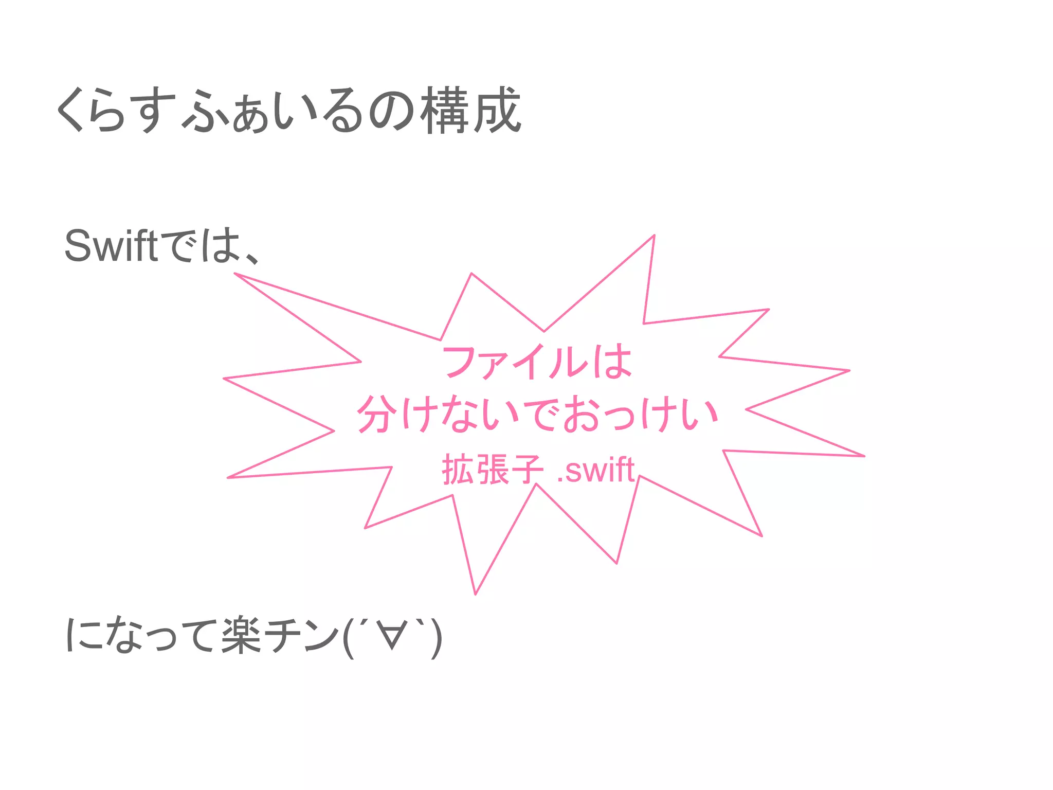 Swiftでは、
になって楽チン(´∀`)
ファイルは
分けないでおっけい
拡張子 .swift
くらすふぁいるの構成
 