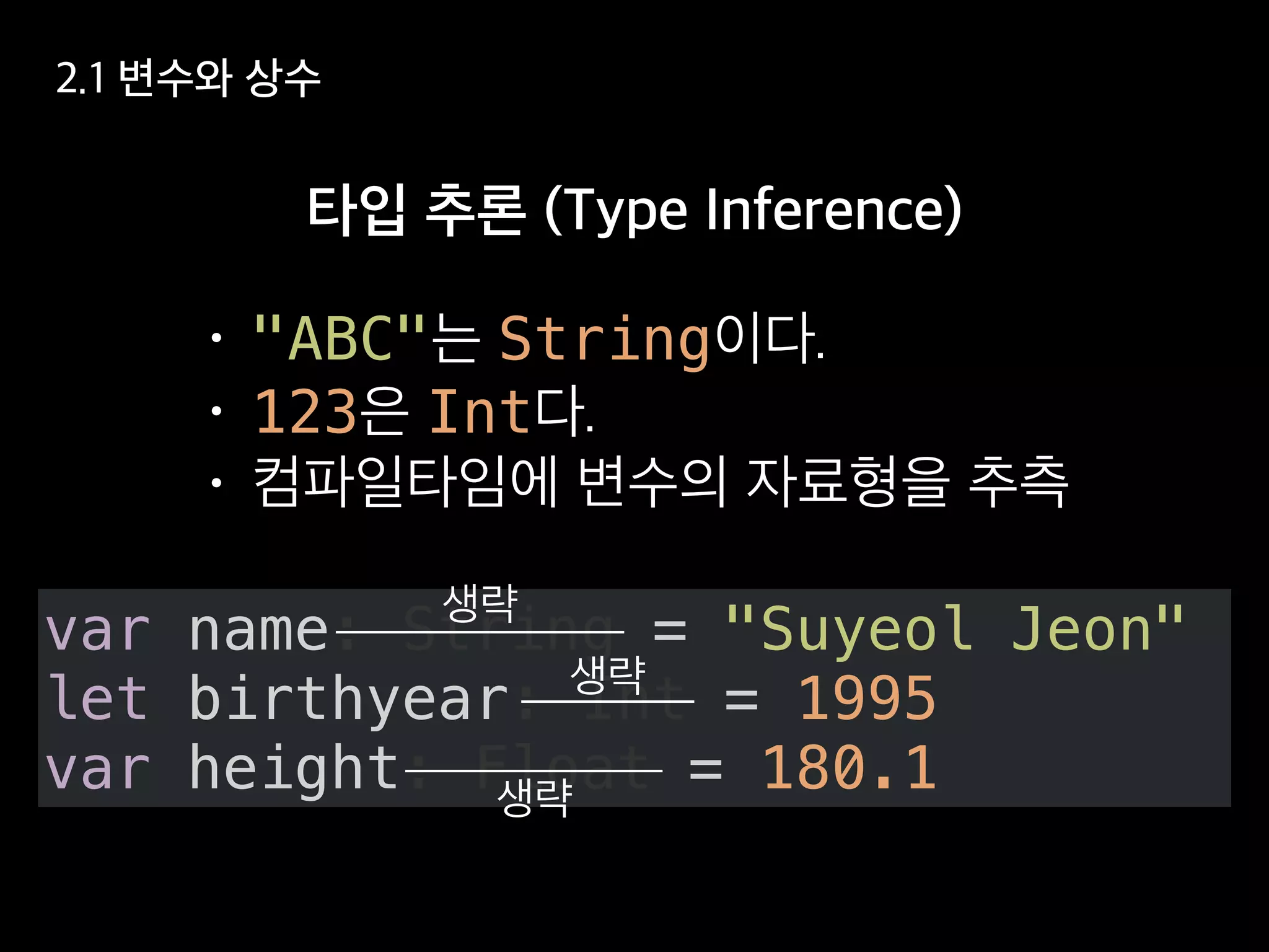 var name: String = "Suyeol Jeon"
let birthyear: Int = 1995
var height: Float = 180.1
"ABC" String
123 Int
 