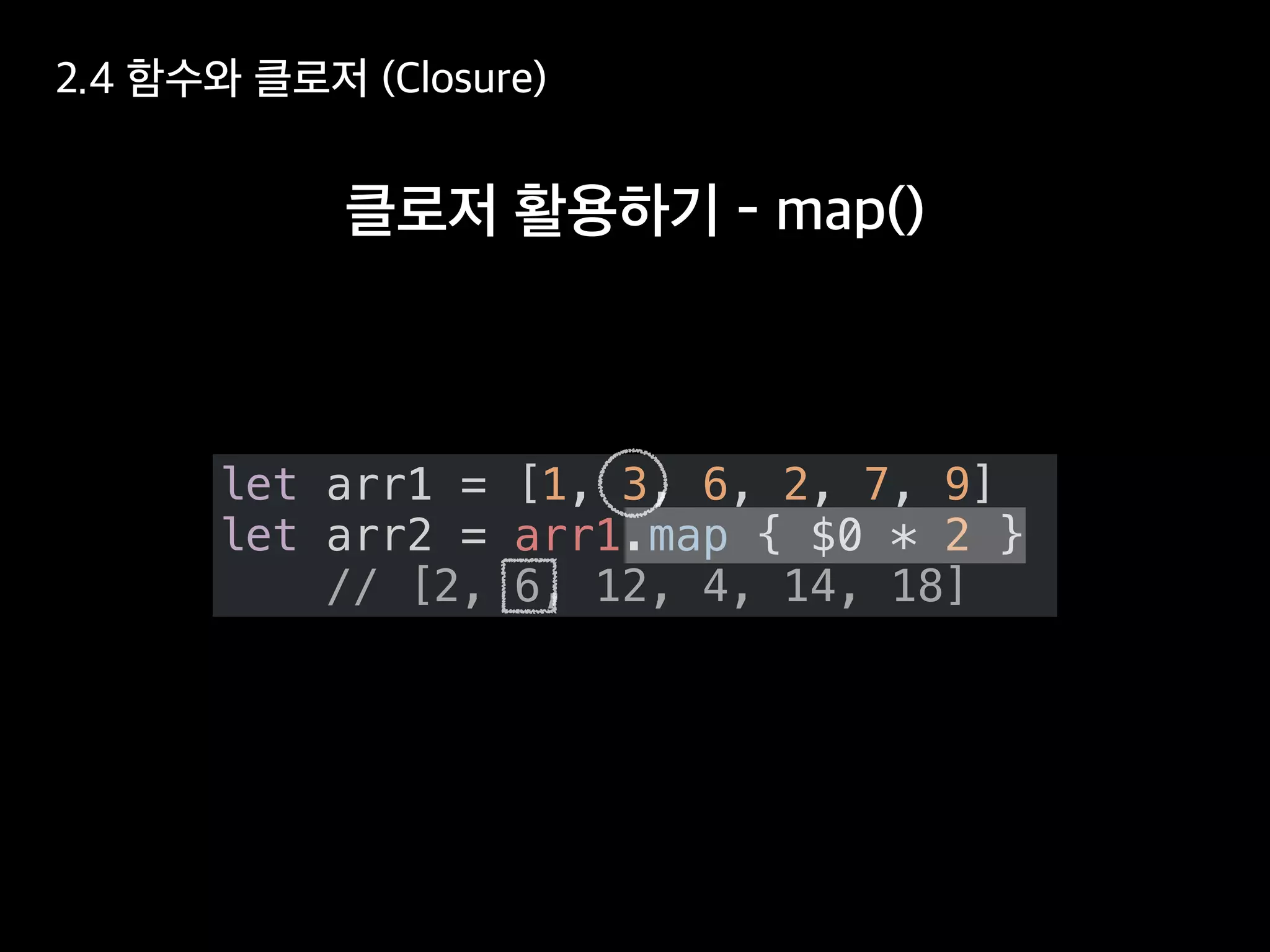 let arr1 = [1, 3, 6, 2, 7, 9]
let arr2 = arr1.map { $0 * 2 }
// [2, 6, 12, 4, 14, 18]
 