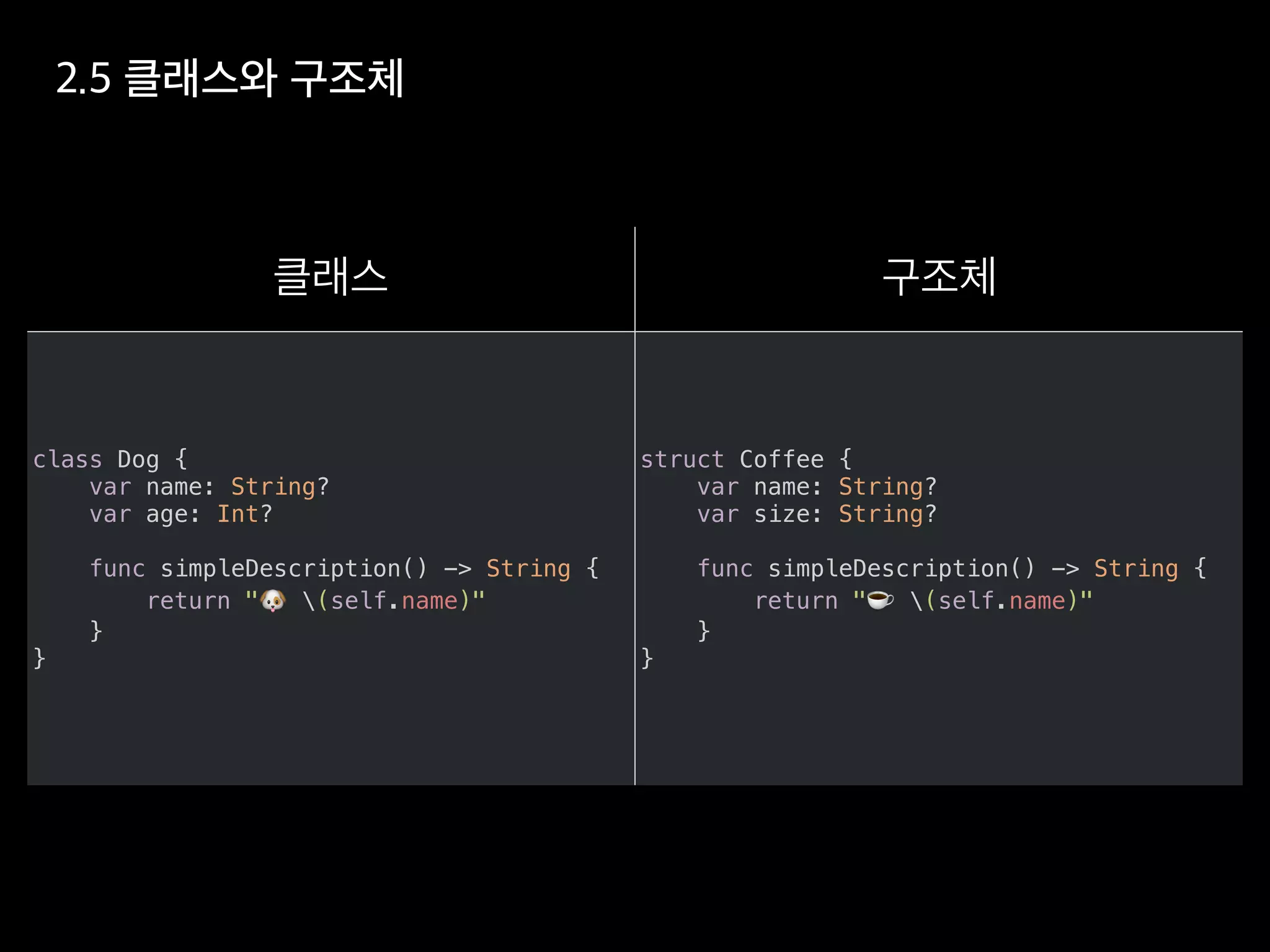class Dog {
var name: String?
var age: Int?
func simpleDescription() -> String {
return "" (self.name)"
}
}
struct Coffee {
var name: String?
var size: String?
func simpleDescription() -> String {
return "☕ (self.name)"
}
}
 