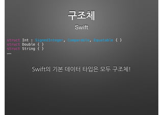 구조체
Swift
Swift의 기본 데이터 타입은 모두 구조체!
struct Int : SignedInteger, Comparable, Equatable { }
struct Double { }
struct String { }
……
 